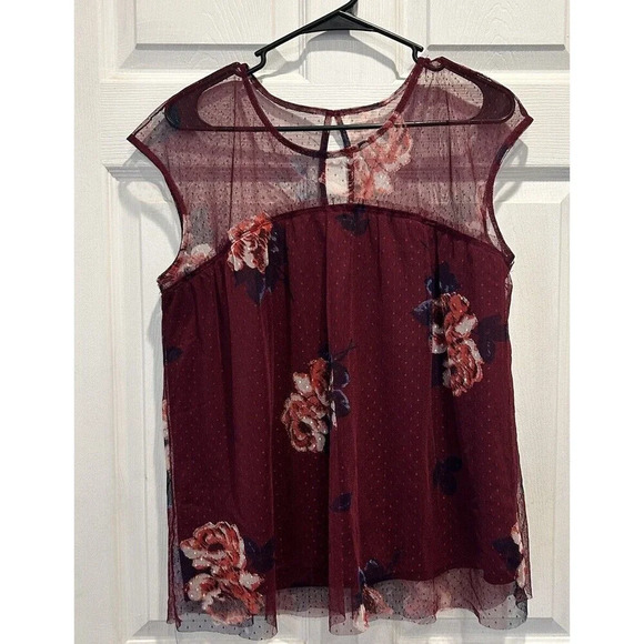 Maurices Burgundy Maroon Floral Net Mesh Lace Lined Blouse Top Size Large - Picture 2 of 9